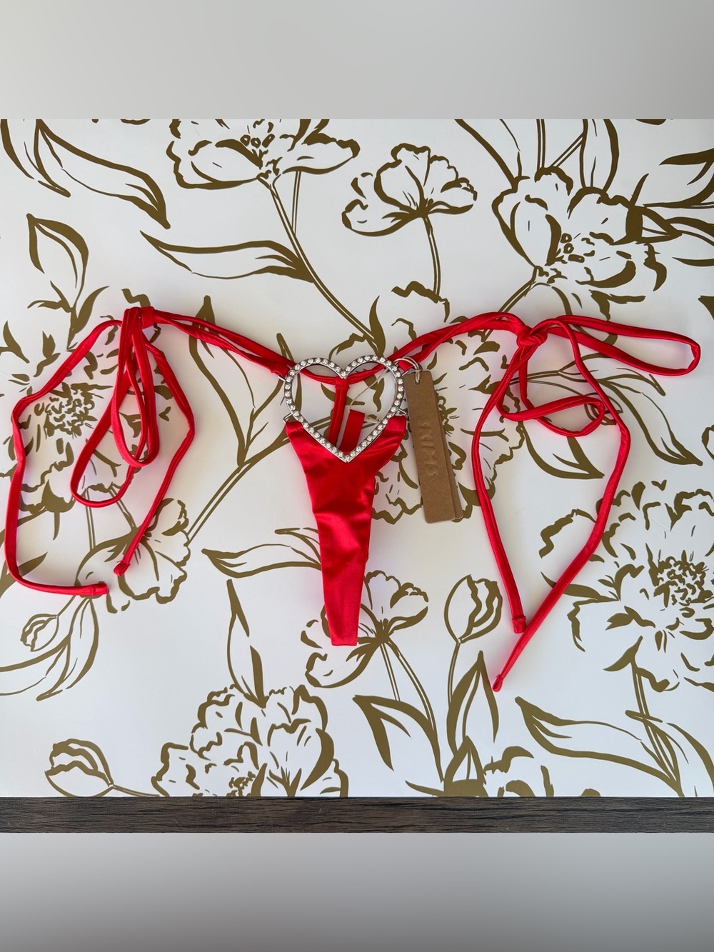 SKIMS Red Rhinestone Heart Satin Thong